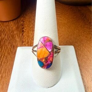 Orange Dahlia Turquoise Ring - Size 9.5 - .925 Sterling Silver